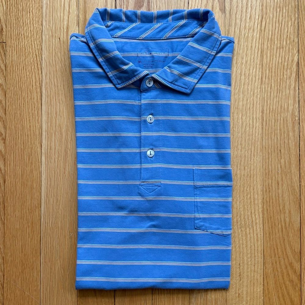 Peter Millar Men’s Short Sleeve Polo Shirt Cotton Spandex XL Blue Gold Stripes